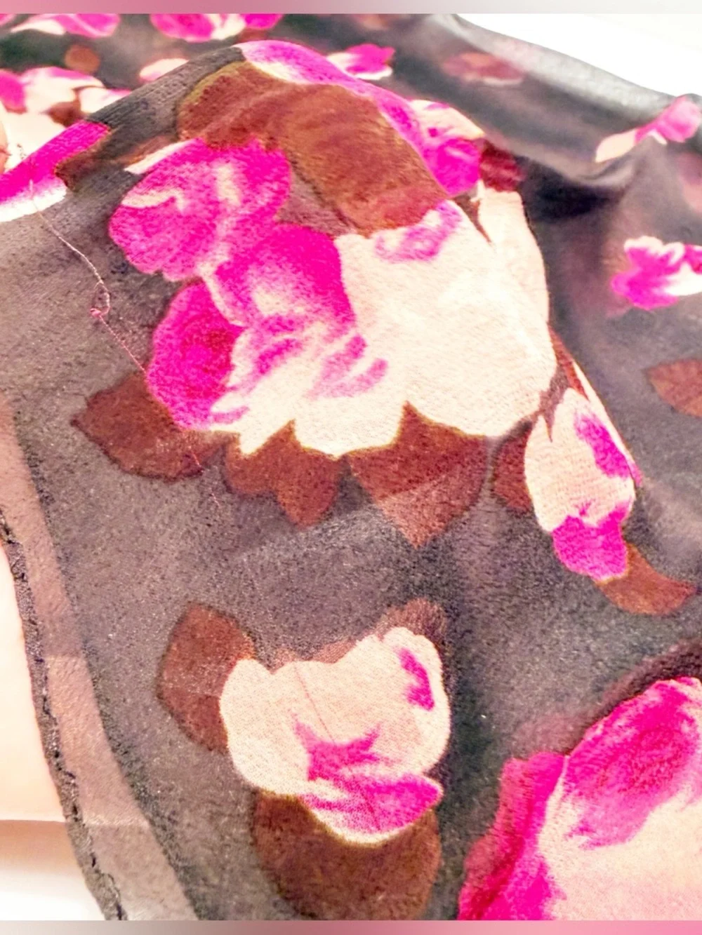 Anne Klein Black 100% Silk Floral Scarf with Pink & Peach Accents